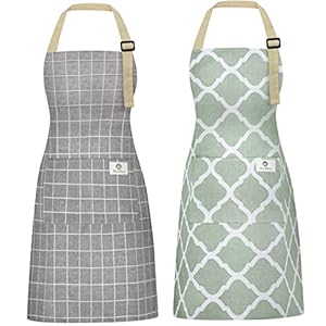 2 Pieces Aprons for Women with Pockets, Cotton Linen Waterproof Kitchen Cooking Aprons, Chef Apronfor Men Women with Adjustable Neck Strap and Long Ties(Grey/Green)