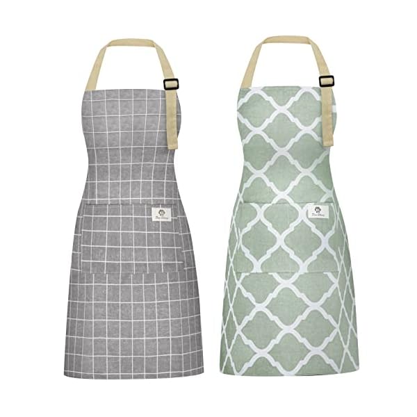 Riqiaqia 2 Pieces Aprons for Women with Pockets, Cotton Linen Waterproof Kitchen Cooking Aprons, Chef Apronfor Men Women with Adjustable Neck Strap and Long Ties(Grey/Green)