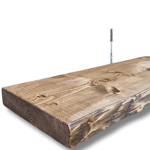 HOLLIS-WOOD Wandregal Holz rustikal – Schweberegal Massivholz handgefertigt | Holzregal Wand antik | Wandregal Massivholz rustikal 40–160 cm | 4 cm Brettstärke | inkl. Stahlwinkel (50 cm)