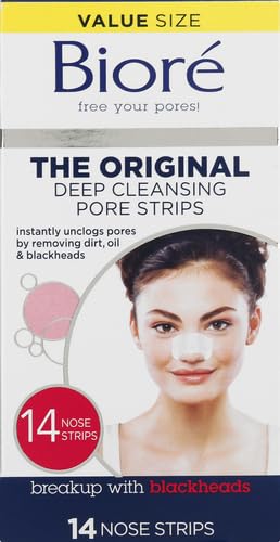 Image of Biore Original Blackhead Remover Strips, Deep Cleansing Nose Strips With Instant Pore Unclogging, Features C-Bond Technology, Oil-Free, Non-Comedogenic Use 14 Count (Pack of 12)