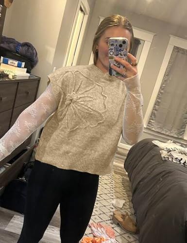 Image of Womens Casual Floral Flower Sweater Vest Crew Neck Sleeveless Summer Loose Ribbed Knit Pullover Tops