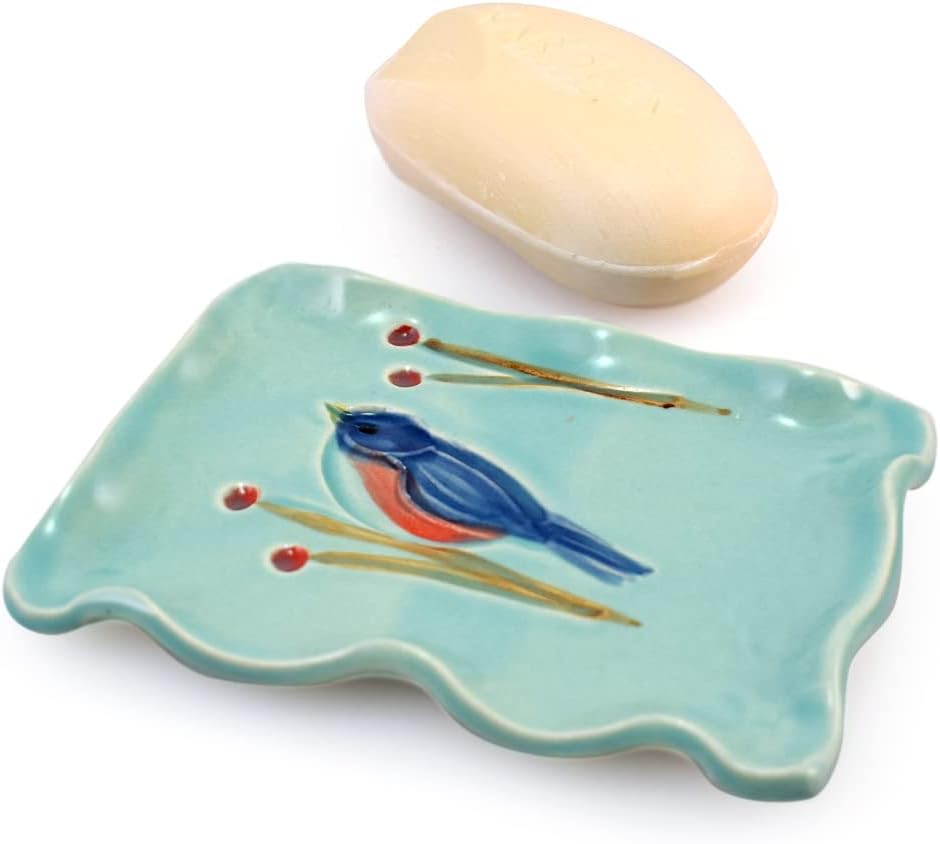 Garden Birds American Made Stoneware Collection: Bluebird Soap Dish with Wavy Edge
