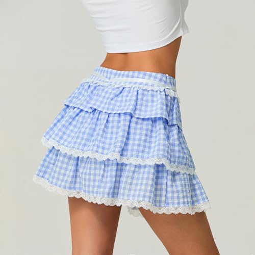 Gingham Mini Skirts for Women Y2K Bow Plaid Ruffle Flowy Layered Short Skirt Cute Boxer Cosplay Party Streetwear4