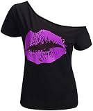 MAGICMK Women’s Short Lips Print Causal Off The Shoulder Plus Size T-Shirt Tops (Black+Purple, 2XL)