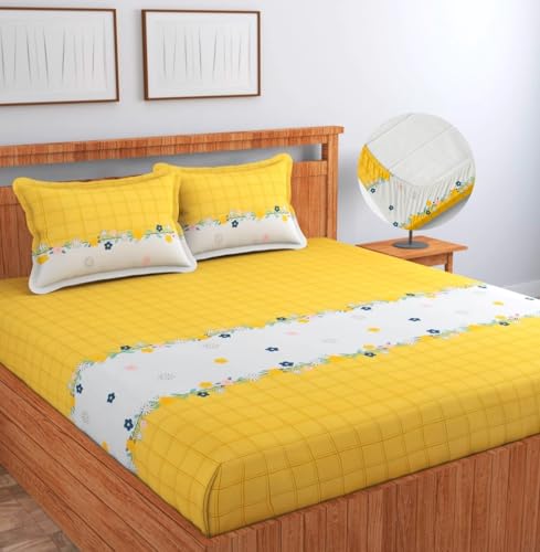 Image of NHD HOME Cotton Fitted King Size Bedsheets with 2 Pillow Covers | Elastic Fitted | Wrinklefree | Ultrasoft |Winter Bedsheet 220 tc tc Floral | 78x72+8 Inches, Yellow White
