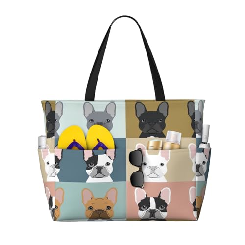 Borsa da spiaggia alla moda Bulldog francese borsa da spiaggia borsa da spiaggia con grandi borse per spiaggia piscina viaggio quotidiano, Nero , Taglia unica