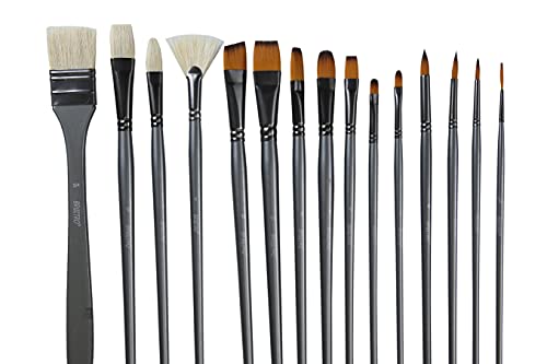 Image of Brustro Artists Mixed Hair Brush - Set of 15 (5 Flat, 1 Fan, 4 Round, 4 Filbert, 1 Angle) in PU Bag | Long Handle, Suitable for Oil Paints, Acrylic Paints, Watercolour.