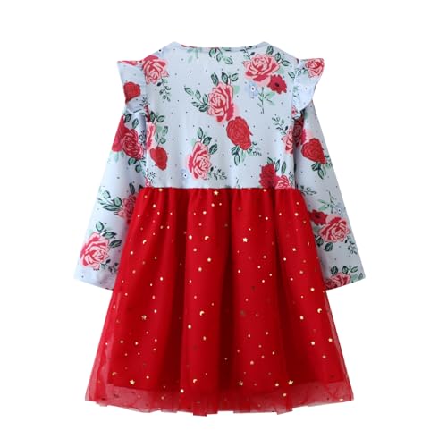 Image of Girl Fall Long Sleeve Dress Christmas Red Rainbow Twirly Skater Midi Party Dress