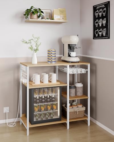 Image of VASAGLE Baker's Rack, Coffee Bar Stand with Charging Station, 35.6 Inches Tall, Storage Shelves, Pull-Out Wire Basket, Table for Microwave, Kitchen, Oak Beige and Ink Black UKKS036Y09