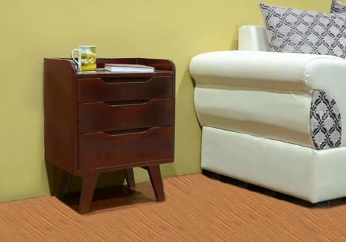 Image of SHIKHA WOOD CRAFT Sheesham Wood Bedside End Table with 3 Drawer Storage Wooden Night Stand for Bedroom Living Room Home (Rosewood Finish)