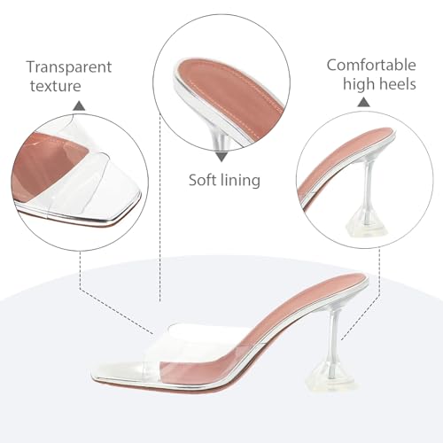 Women'S Clear Square Toe Open Stiletto Slide Sandals Fashion Transparent Strap Slip-On Sexy Backless High Kitten Heel Mules Summer Party Wedding Prom Dress Shoes2