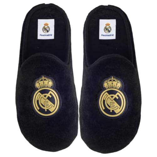MARPEN SLIPPERS Zapatillas Para Casa Hombre Real Madrid CF Oficiales – Pantuflas Ligeras Con Pelo Suave, Suela Flexible Antideslizantes - Negro y dorado, Talla 36