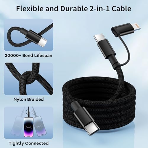 Image of USB C Cable 60W Max, 2 in 1 USB C to C /IP Cable, Fast Charging Type-C Charger, Travel Essentials iPhone 17 Charger Cord Compatible for iPhone17-8, Android, iPad and More, Carplay Cable(2Pcs 4FT Black)