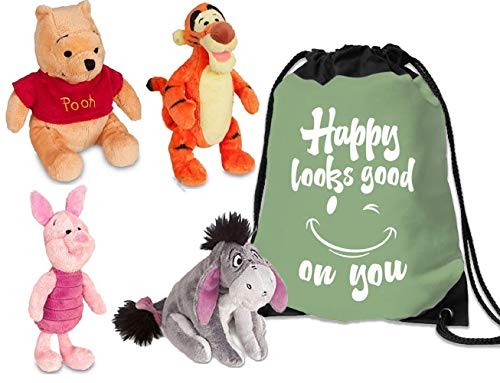 Winnie the Pooh Plush Set of 4 with Piglet, Tigger, Winnie and Eeyore - Plus Drawstring Backpack Bag