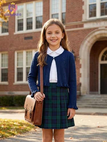 Image of Girls Cotton Knit Shrug Cardigan with Long Sleeve Ruffle Hem