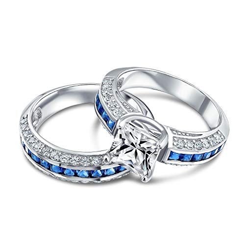 Personalize 3CT Art Deco Style Blue Square Princess Cut Solitaire Clear AAA CZ Engagement Anniversary Wedding Ring Set For Women Rose Gold Plated .925 Sterling Silver Customizable2