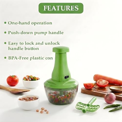 Image of Chopper for Kitchen Use | 650 ml Round Push Chopper with 3 Blades and Whisker | Chopping Vegetables & Fruits, Onion, Ginger, Garlic, Salad, Tomato, Potato (Green)
