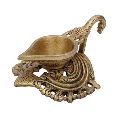 Image of Heavy Brass Diya for Temple | 100% Pure Brass Oil Lamp | Large Handcrafted Pooja Deepak with Antique Finish | Golden Yellow Indian Deepam for Home Mandir & Festive Decoration