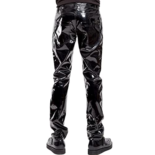 Hedmy Men PVC Leather Wetlook Pants Mid Waist Straight Long Trousers Leggings Motorcycle Biker Pants2