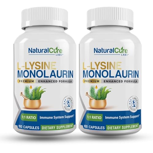 Natural Cure Labs L-Lysine with Monolaurin 600mg 1:1 Ratio, 2 Pack, 200 Capsules
