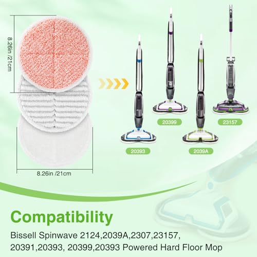 Image of 8 Pack Mop Pads Replacement Compatible with Bissell Spinwave 2124, 2039A, 2307, 23157, 23159, 20393, 20399 Hard Floor Spin Mop, 2 Soft Pads, 4 Scrubby Pads, 2 Heavy Scrub Pads