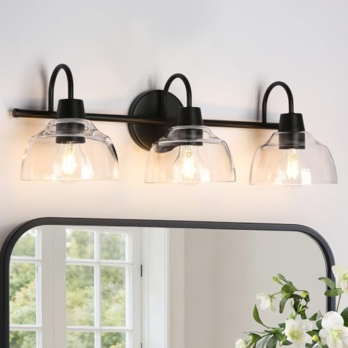 Image of KSANA Black Bathroom Light Fixtures, Modern Farmhouse Vanity Lights Over Mirror 3-Light Bathroom Wall Mounted Sconce with Dome Glass Shade