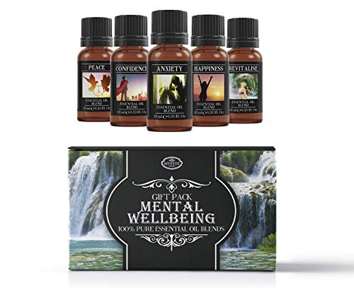 Mystix London | Mental Wellbeing Essential Oil Blend Gift Pack 5x10ml | Anxiety, Confidence, Happiness, Peace, Revitalise | Perfect as a Gift
