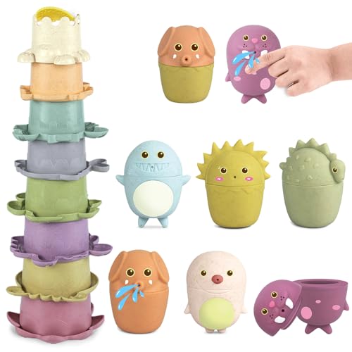 Juguetes Baño Bebe, 14 Piezas Juguetes Bañera para 6-12 Meses Niños, Silicona Juguetes Baño Squeeze Toys Juguete Apilable Juegos de Agua Juguetes Playa, Regalo para Niños Niña de 1-3 Años