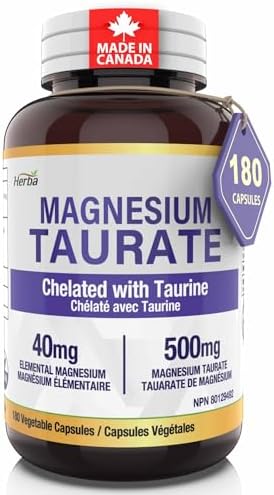 Herba Magnesium Taurate Supplement 500mg – 180 Capsules | Made in Canada | Chelated with Taurine for Bioavailability | 40mg of Elemental Magnesium Per Capsules