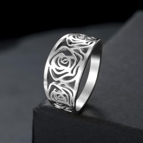 TEAMER Rose Flower Ring Stainless Steel Geometric Hollow Rose Flower Ring True Love Wedding Band Jewelry for Women3