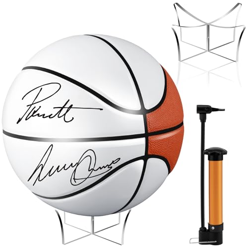 Hiboom 1 Set Autograph Basketball with Acrylic Stand Signature Basketball for Team Signing Display Memorabilia Gift for Coach Back to School Supplies (1/4 Brown Size 7)