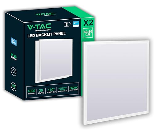 LUCE: 6500K Bianco Freddo. V-TAC 2x Pannelli LED da Incasso 36W con Chip Samsung - 60 x 60 cm - Lampada Quadrata - 4320 Lumen - IP20 - per Soffitto, Ufficio, Casa, Negozio - Plafoniera - Luce 6500K Bianca Fredda