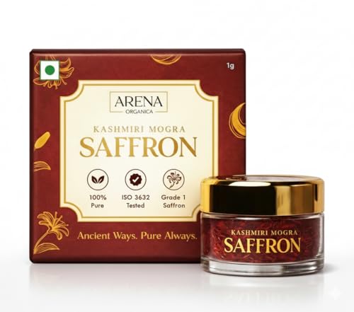 Image of Arena Organica Original Kashmiri Mongra Saffron 1g | GI Tagged | ISO 3632 Tested | Grade A+++ Kesar for Pregnant Women, Biryani, Pooja & Gifting