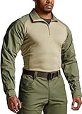 CQR Men's Combat Shirt Tactical 1/4 Zip Long Sleeve Military BDU Shirts Camo EDC Top with Pockets, Tac Chill Soil Green, Large