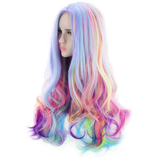 Image of KOLIGHT 27inch Women's Cosplay Wig Middle Part Big Wave Synthetic Heat-Resistant Fiber Full Head Wig for Costume Party Halloween with Cap+Comb (Pinkish green)
