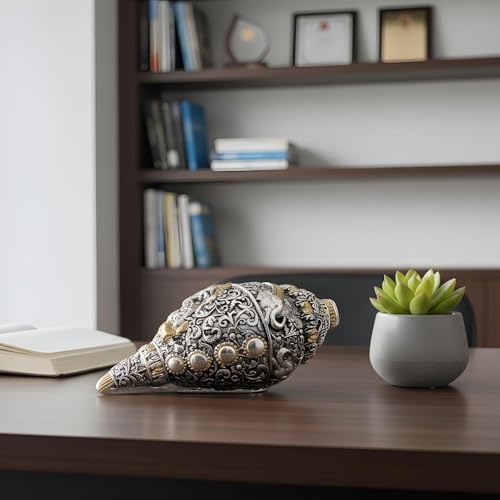 Image of 999 Pure Silver Plated & 24K Gold Plated Ganesh Shankh | Sacred 5.2 Inch Dual-Tone Conch Shell | Vastu Showpiece for Success & Wealth | Auspicious Pooja Gift.