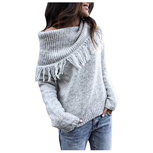 OutTop Women Sweaters Winter Solid Knit Turn-Down Tassel Collar Warm Casual Long Sleeve Pullover Sweatshirt Blouse Top (Off White, S)
