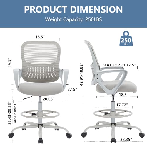 Image of DUMOS Drafting Chair - Ergonomic Tall Office for Standing Desk, Counter with Height Adjustable and Comfortable Lumbar Support, Fixed Armrests, Grey