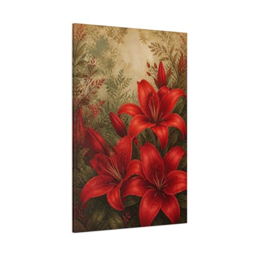 Toile Lys Rouges Vintage pour Sublimer le Mur au-dessus du Canapé