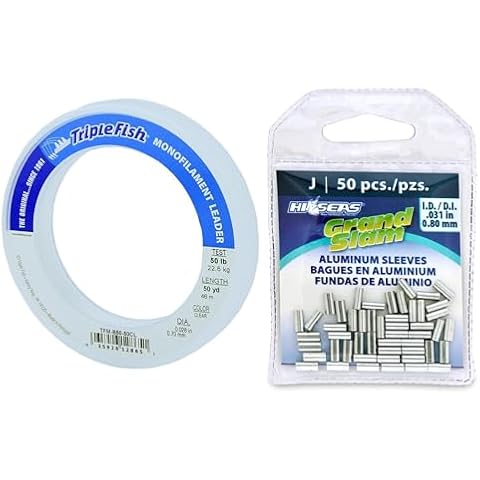 Triple Fish Fishing Bundle: 50 lb Monofilament Leader (50 yd), 50 HI-SEAS Grand Slam Aluminum Sleeves (0.8 mm ID) for 50 lb Mono Cover