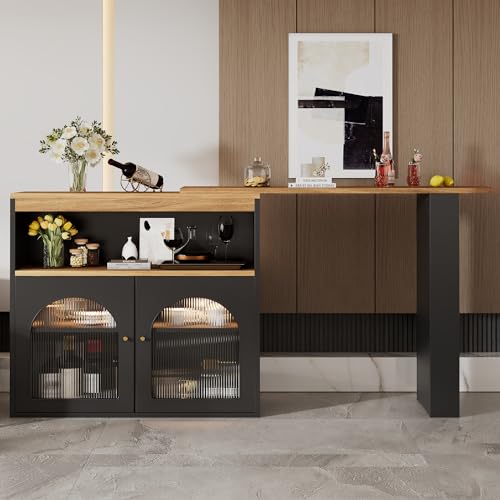 Yihomfy Îlot de Cuisine Extensible 138-205 cm, Table Bar Pivotante 360°, Meuble Rangement Porte Vitrée et Étagères, Table Haute Moderne pour Salle à...