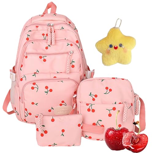 3Pcs Set Coquette Bow Backpack Cute Kawaii Backpack with Lunch Bag and Pencil Case, Multi-pocket Coquette Backpack (Cherry-B)