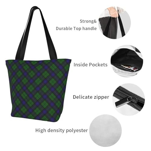 Armstrong Tartan Blue And Green Plaid Reusable Zippered Shoulder Bag, Stylish Polyester Tote With Wide Handle & Inner Pocket, Lightweight Durable Shopping & Travel Bag3