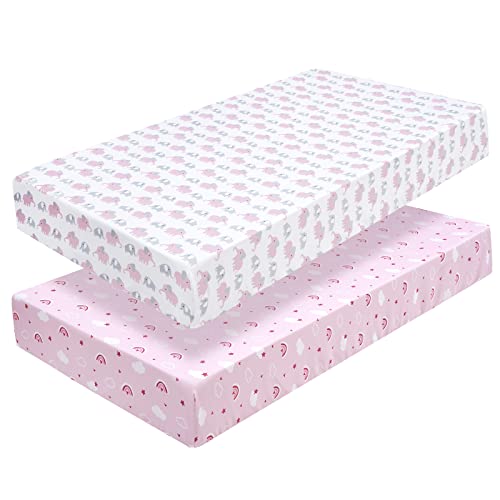 Phf Soft Polyester Elephant Crib Sheet Fitted, 2 Pack Silky Comfy Breathable Baby Sheets For Boys Girls, 28X52X9In Fits Standard Crib And Toddler Mattresses, Elephant & Rainbow Pink #TOP6