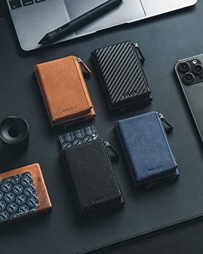 Vulkit Credit Card Holder With Leather Zipper Pocket Pop Up Wallet Rfid Blocking Slim Metal Card Case For Men Or Women(Navy) #TOP5