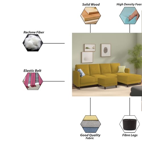 Image of Baloney RHS 6 Seater L Shape Sofa Set with Center Table for Living Room (Yellow Fabric) Premium Fabric Sofa
