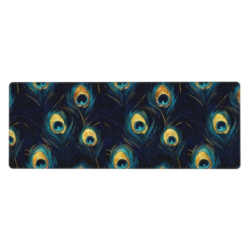 Tapis de bureau en caoutchouc plumes de paon finition cousue