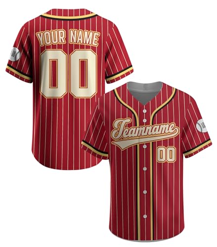 Customized Baseball Jersey Button Down Sports Printed Teamname Number Big Size, Custom Pinstripe Crimson Gold Baseball Jersey for Women Youth Kids Fans Gifts