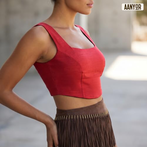 Image of Women's Corset-Style Raw Silk Crop Top | Structured Sleeveless Blouse with Built-in Padding & Back-Open Closure | Doubles as Western Top & Saree Blouse