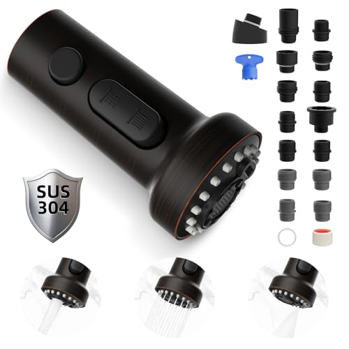 Hibbent Stainless Steels Pull Down Faucet Head Replacement, NSF/ANSI/CAN 61 & CUPC Certified 3 Function Kitchen Sink Sprayer Head, 15 Adapters, Compatible with Moen, Kohler Faucets, Oil-Rubb